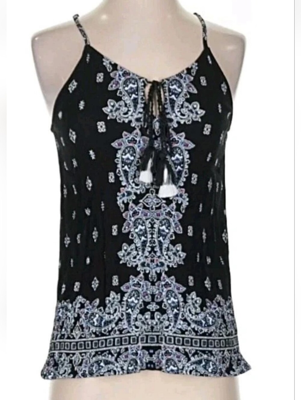 NEW Bohemian Paisley Cami Top Black Gauzy Tank Flowy Shirt Tassels Festival S